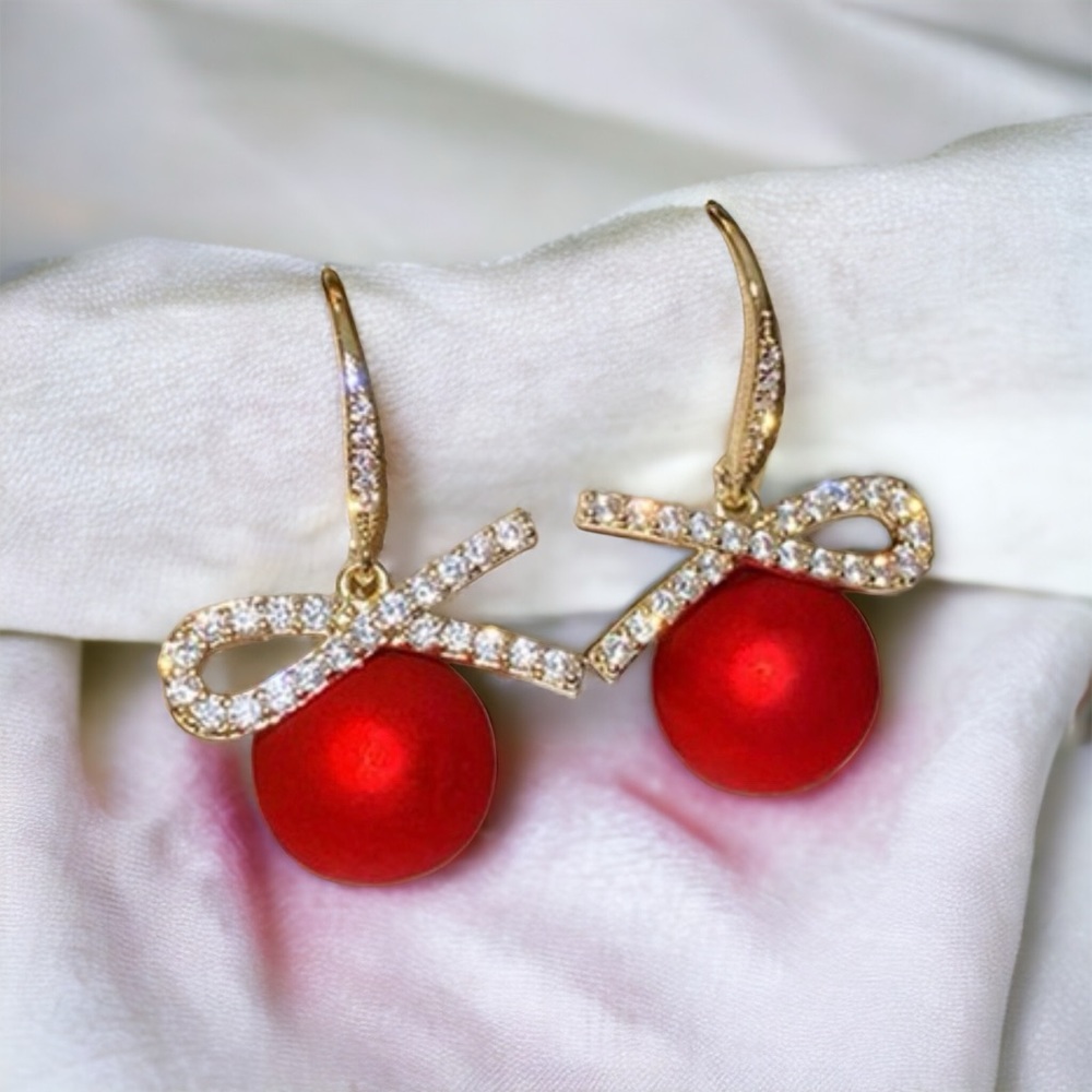 🌼 Half Bow Red faux Pearl with Rhinestones Hook Earrings